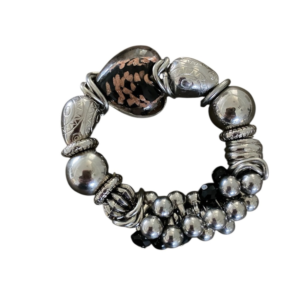 Silver and Black Beaded Heart Chunky Bracelet